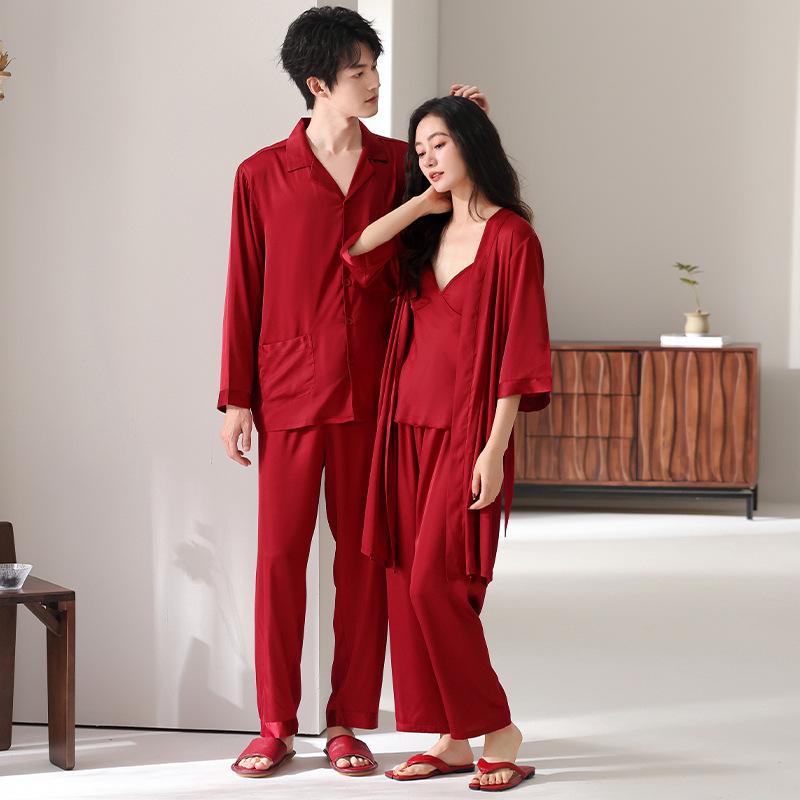 Couple pajamas spring and summer long-sleeved ice silk wedding nightgown red natal year morning gown with chest pad three-piece set