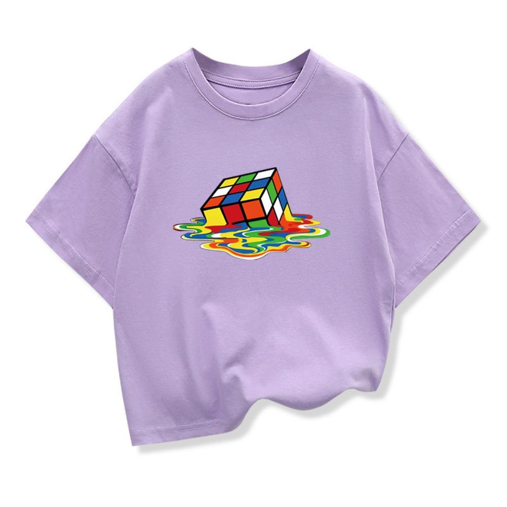 Summer Kids T-Shirt Pure Rubik's Cube Print Round Neck Boys Girls Short Sleeve Casual Cool Hip-Hop Short Sleeve T-Shirt