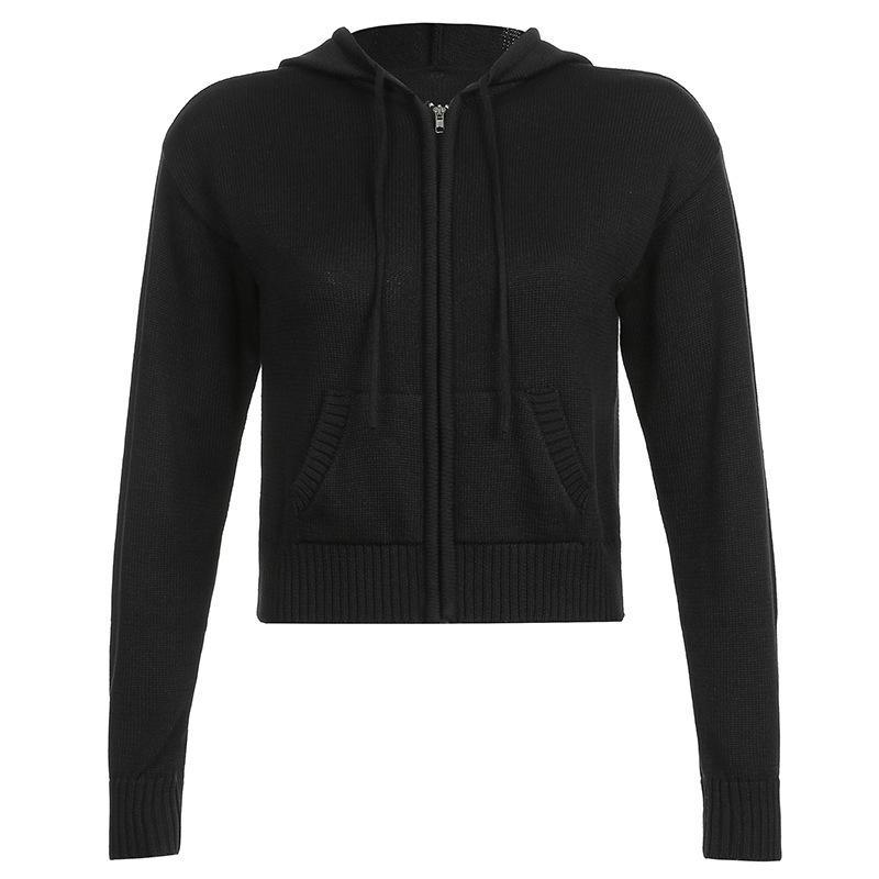 Autumn and Winter Women's Warm Hooded Zip Cardigan Pockets Solid Colour Jacket Short Temperament Tops