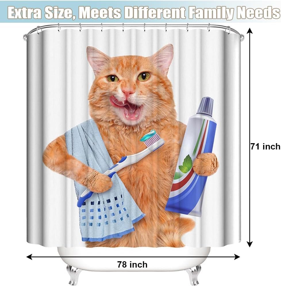 Cat Shower Curtain Kids Children, Cat Brushing Teeth Shower Curtain Bathroom Waterproof Fabric, Bathroom Decor Accessories