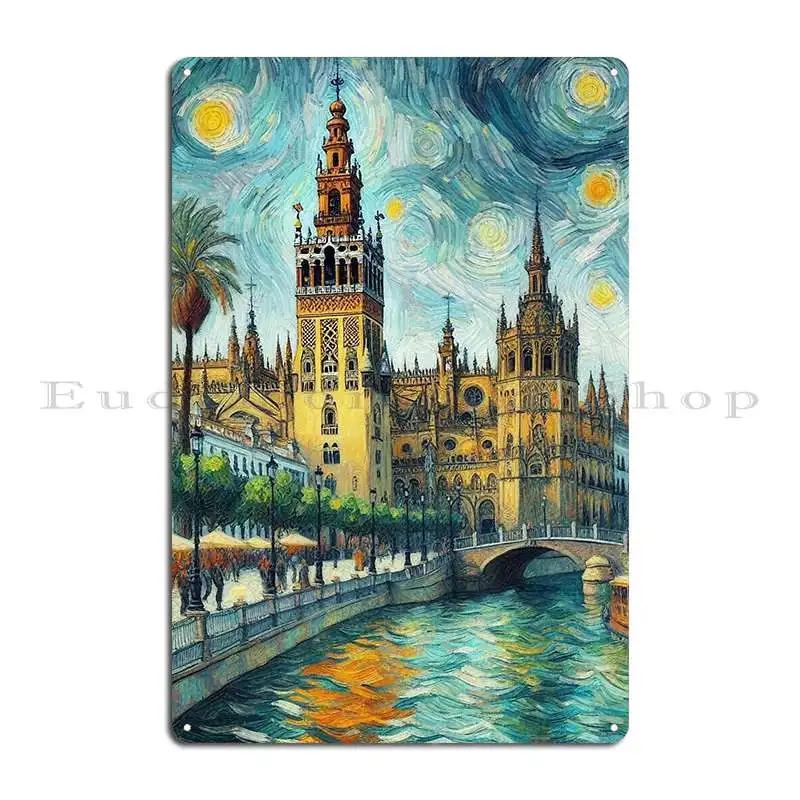 DORA Tin Sign The Starry Night Of Seville Metal Plaque Poster Designer Painting Kitchen Bar Cinema Tin Sign Poster 20X30CM