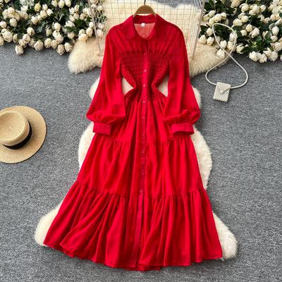 This Long-sleeved Stretchy Pleated Cinched Waist Single-breasted Dress Is A Slimming and Elegant Dress for Women