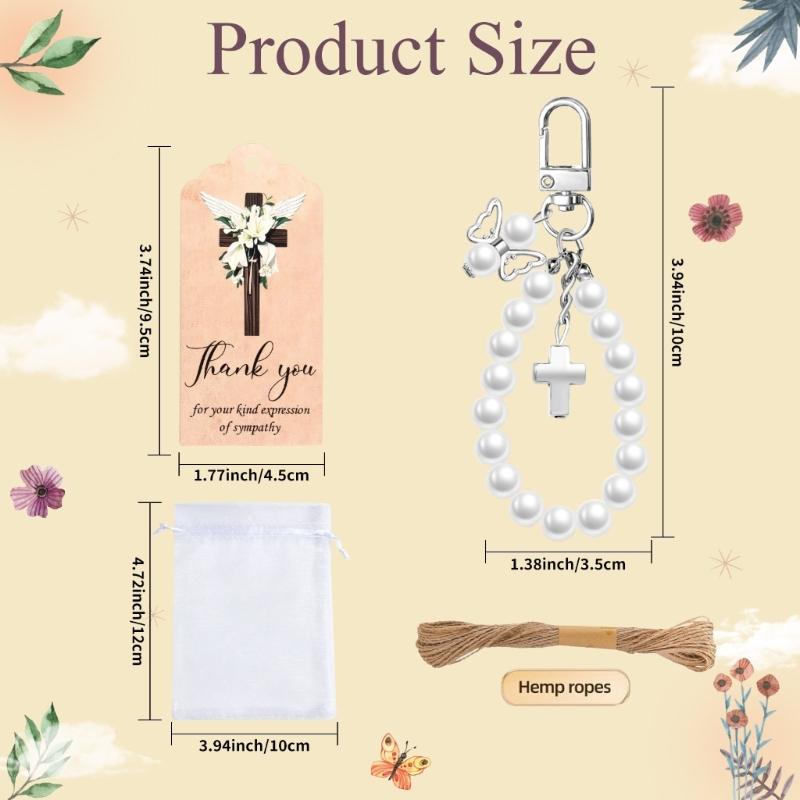 Pack Of 10Sets Pearls Crosses Keychains With Thank You Labels And Organza Bags For Wedding Baby Shower Baptism Party Favors