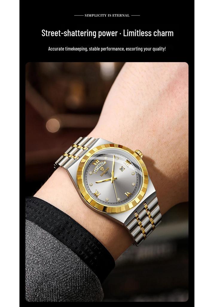 BINBOND Luxury Ultra-Thin Men's Quartz Watch, Rhinestones, Waterproof, Luminous Double Calendar Wristwatch.