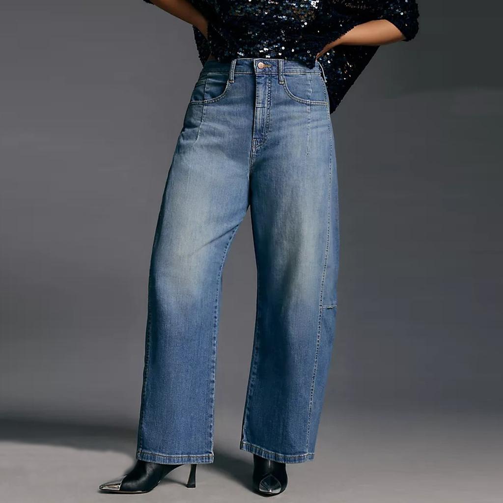Women's Fashionable Solid Color Washed Versatile High Waist Loose Straight Leg Jeans Pants