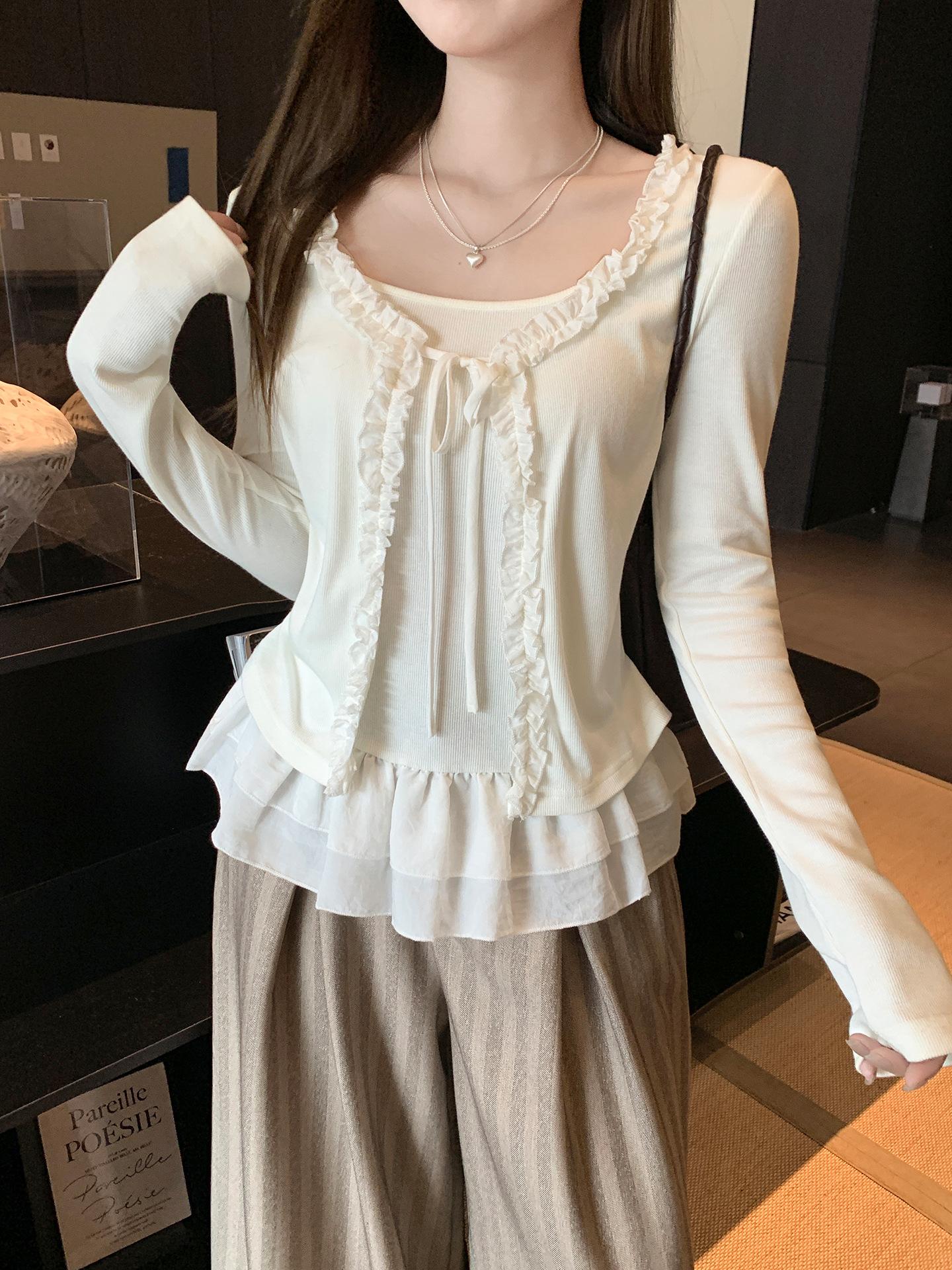 

Pure desire fake two-piece hem splicing design sense long-sleeved T-shirt women s early autumn bottoming shirt fungus lace top S белый
