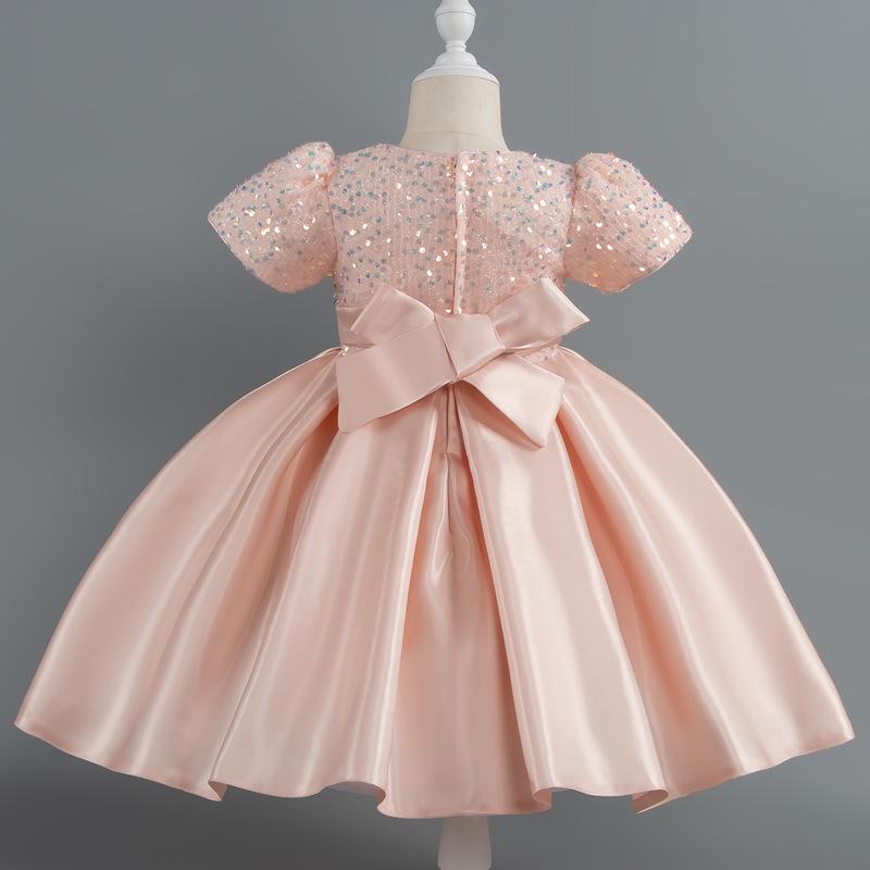 Girls' Sequin Satin Short Sleeve Evening Dress - Puffy High-End Birthday Costume
