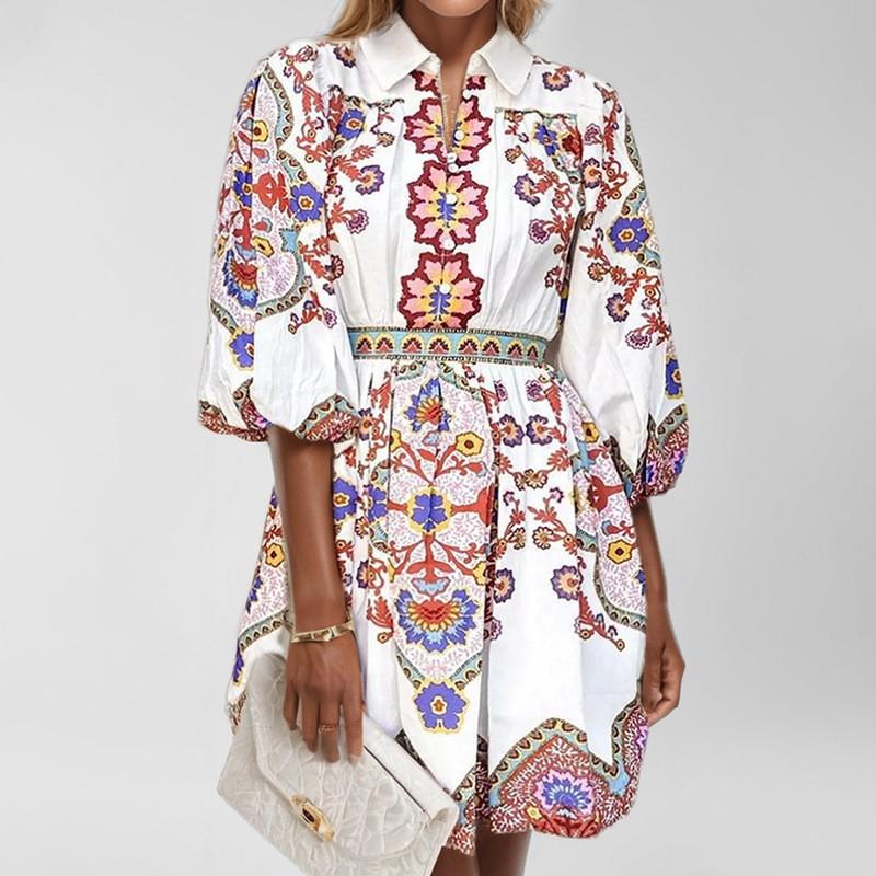 European American Women s Clothing Bohemian Ethnic Style Printed Lantern Sleeve Dress 3XL