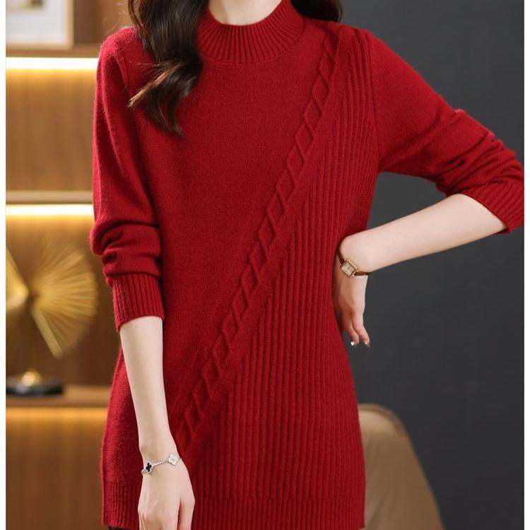 Mid-length Sweater Loose Half Turtleneck Pullover for Women Solid-color Casual Knitted Sweater for Autumn and Winter