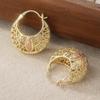 Vintage Hand Carved Hollow Flower Textured Hoop Earrings Women's Elegant Exquisite Golden Plated Banquet Festival Jewelry Crafts