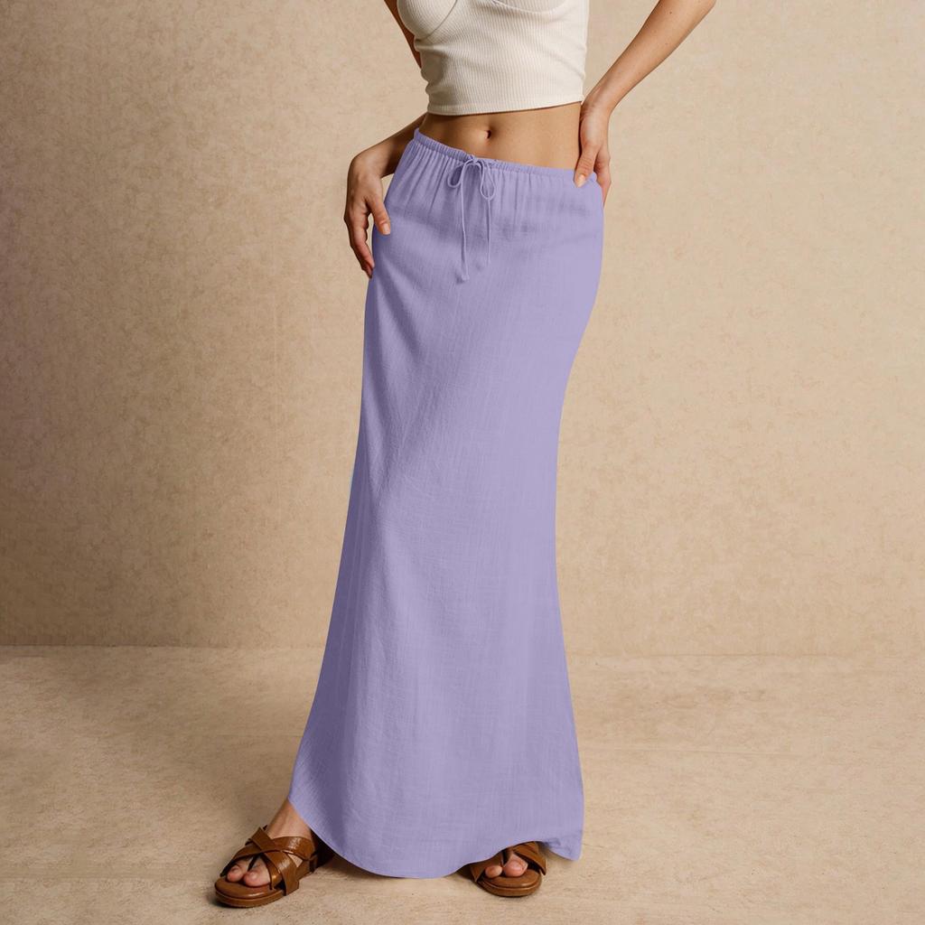 Women's Summer Maxi Skirt Drawstring Low Waist A Line Casual Skirts High Elastic Waisted Bodycon Long Maxi Skirts