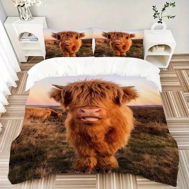 3pcs Highland Cow Bedding Set - Includes One Quilt Cover and Two Pillowcases (No Core) - Home Decor, Festival Gift, Polyester Fabric, Anime