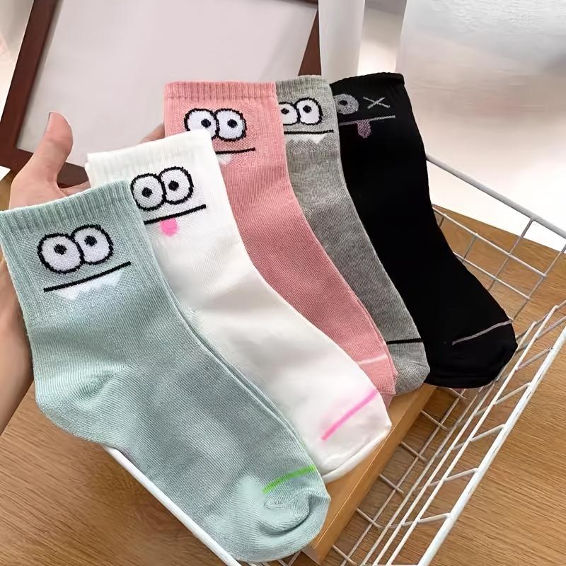 5 párů Dámské roztomilé kotníkové ponožky s potiskem výrazů Pohodlné Zajímavé Jarní Podzimní Středně vysoké ponožky Kawaii Dívčí Krátké ponožky