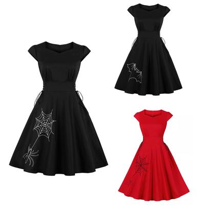 Czarna sukienka na Halloween dla kobiet Hepburn Style Haftowane Spider Bat Midi Krótkie rękawy Sukienki linii na Paty Holiday