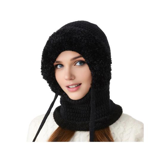 3 In 1 Knitted Hat Women Soft Plush Winter Scarf with Face Guard Adjustable Straps Windproof Hooded Design Scarf
