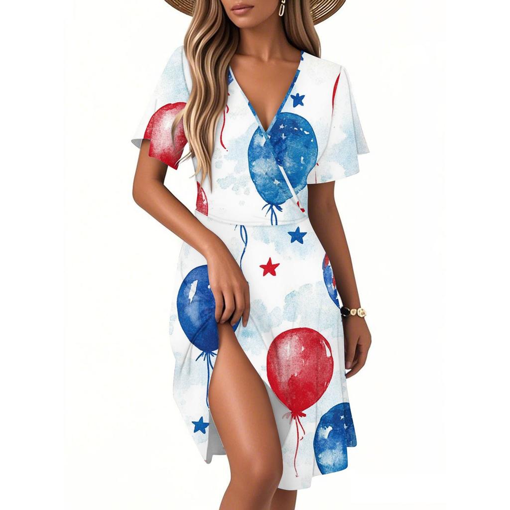 Kvinners Casual Mote Kjole Vintage Blomstermønstret Blomster Kort Erm V-hals Kjole