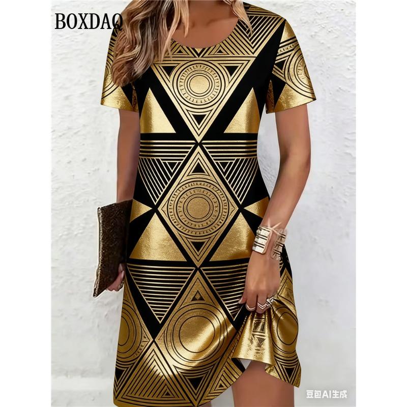 Summer Dresses Women Fashion Striped 3D Print Short Sleeve Dress Casual Elegant Women's Loose Pullover A-Line Dress Vestido