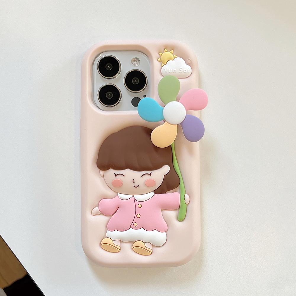 

Cute 3D Cartoon Windmill Girl Shockproof Back Cover Funny Soft Silicone Phone Case For iPhone 16 15 14 13 12 Pro Max Capas iPhone 12 Pro Max розовый