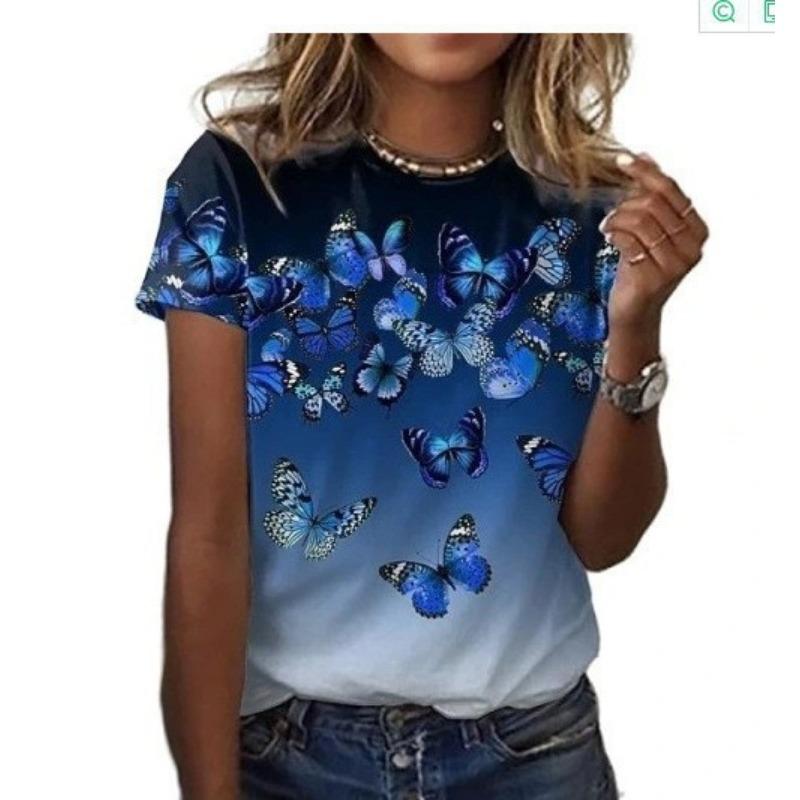 Letnie T-shirty damskie z krótkim rękawem, modne i codzienne, z okrągłym dekoltem i nadrukiem 3D motyla i ważki