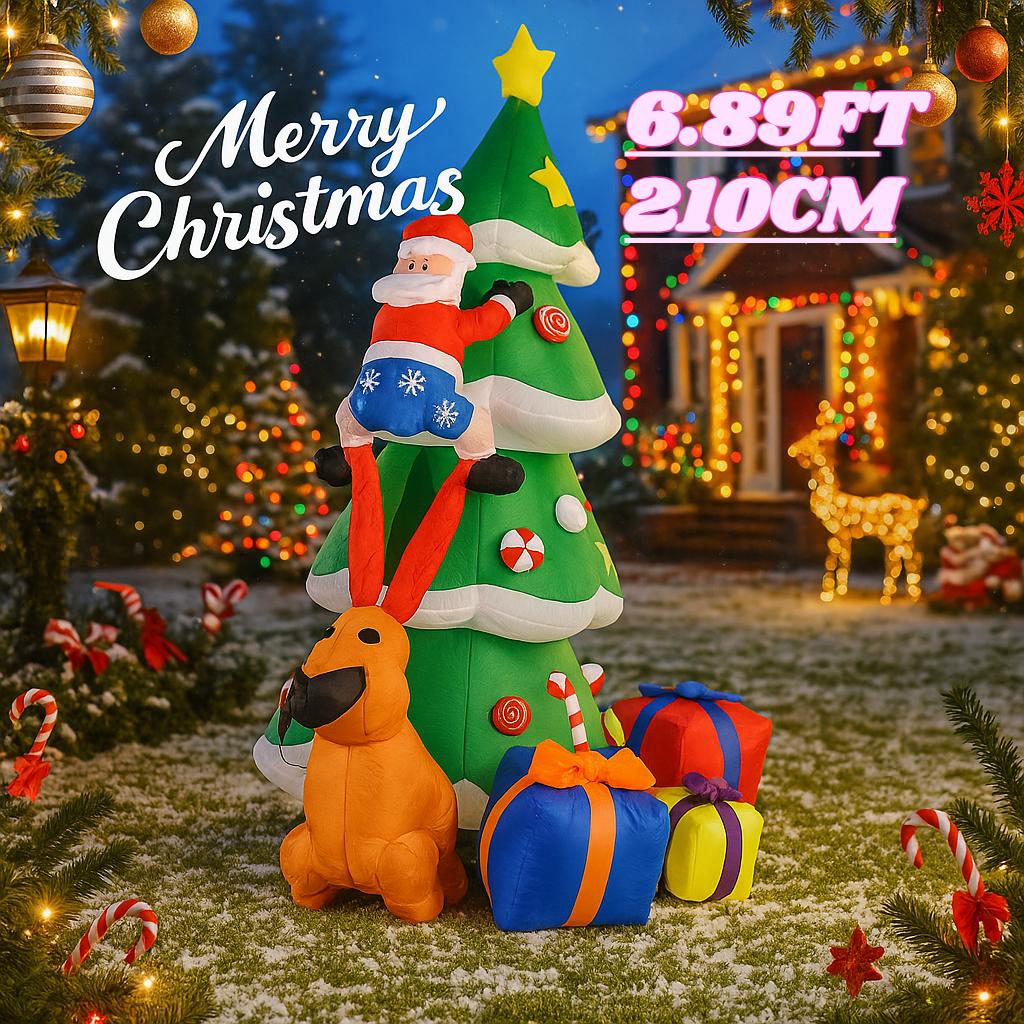 6.9FT LED Light Christmas Inflatable Yard Decorations Santa Claus Climbe Tree Dog Box Toy Xmas Supplies Ornaments Gifts Holiday