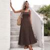 Summer New Style Retro Vacation-themed Long Dress with Strappy Design, Polka Dots, Square Neckline, Sleeveless and Fitted At The Waist.