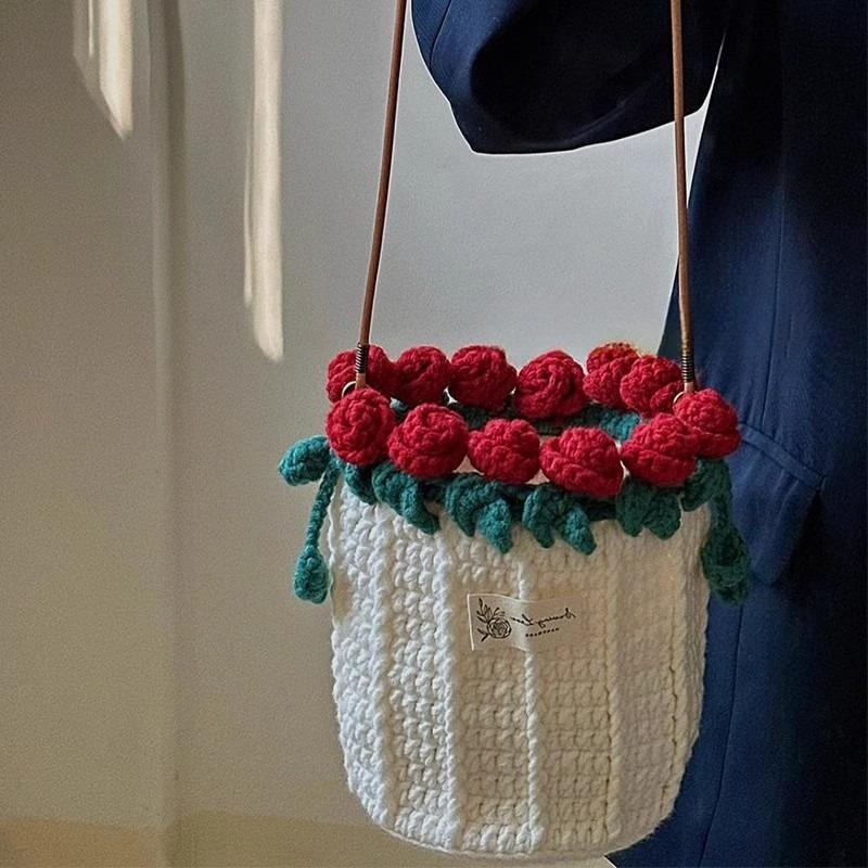 Rose bag, handmade DIY woven wool, rose bouquet, mouth bag, material bag, bucket bag, gift for girlfriend