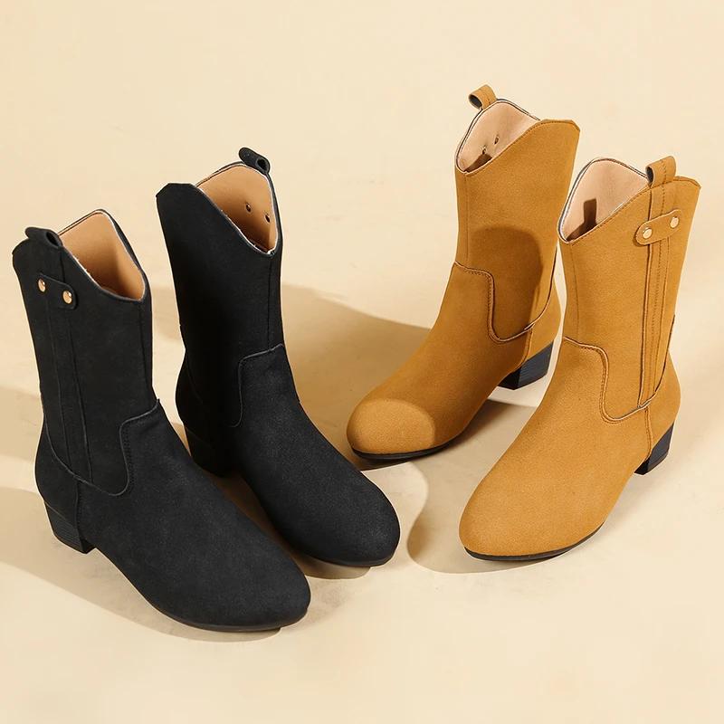 Mode Kuhvelours Stiefeletten Damen Hohe Qualität Runde Zehenpartie Slip-on Kurze Stiefel Damen Herbst Flache Schuhe Damen Western Cowboy Stiefel Frau