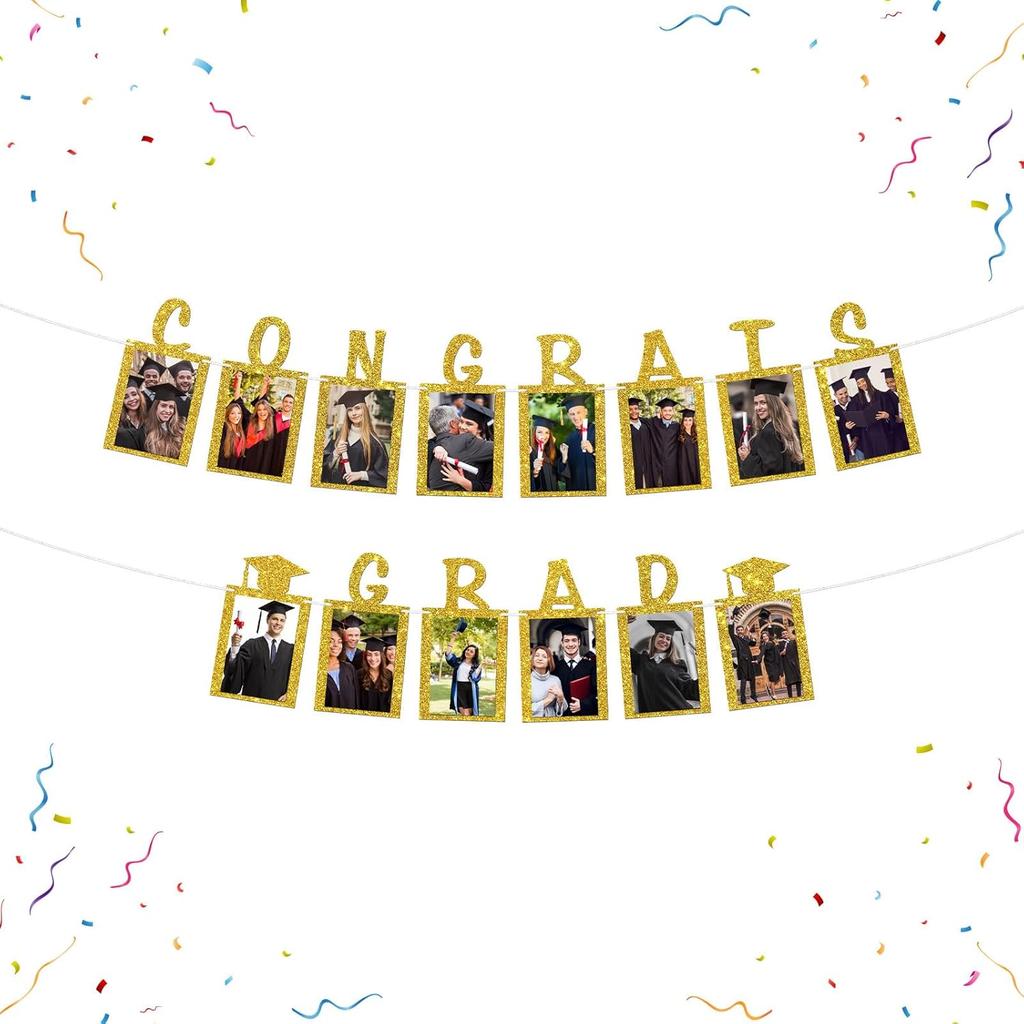 Senior Photo Banner Congrats Grad Paper Photo Frame High School College Graduation Bunting Decorations Congrats Senior Picture Banner Gold Glitter