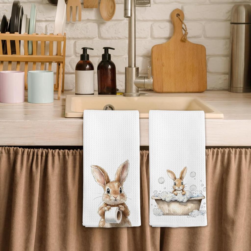Cute Bunny Rabbit Hand Towels for Bathroom Set of 2, Funny Rabbit Nursery Decor Dish Tea Towels, Easter Bunny Lovers Gifts Hand Towel for Toilet