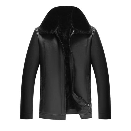 Men Coat Faux Fur Lapel Long Sleeve Faux Leather Jacket Thickened