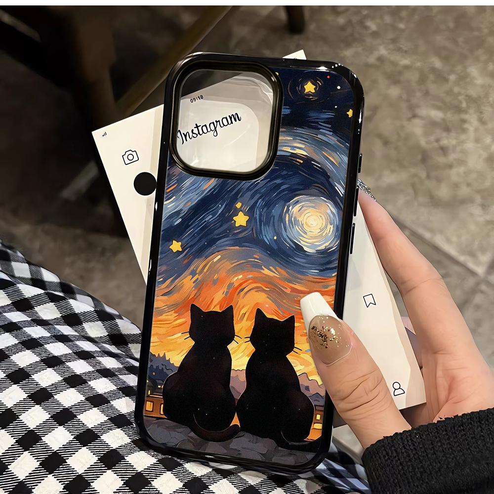 Oil Painting Black Cat  Hard Case For Iphone 17 16 15 14 13 12 11 Pro Max Air Protective Shockproof Coque Phone Cover