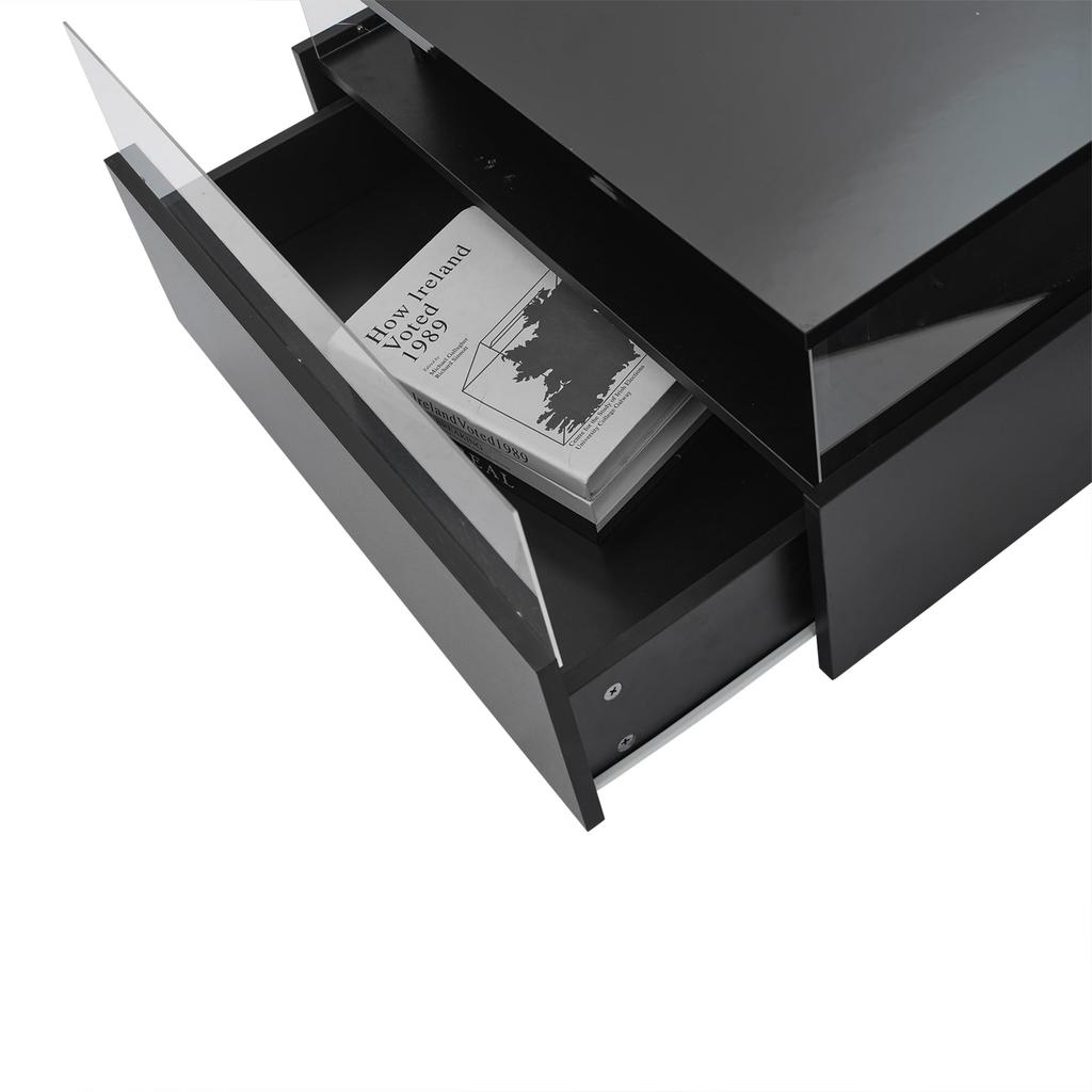 Coffee Table High Gloss Black, Square LED Lighting, Coffee Table 2 Drawers Transparent Sofa Table Side Table Tea Table Office
