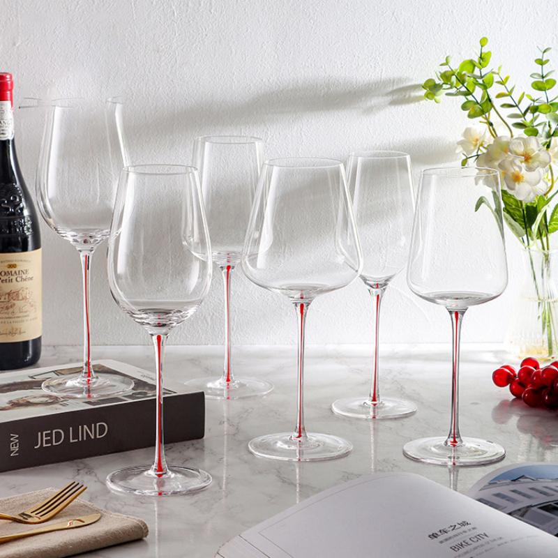 Multiple Styles Red-stemmed Crystal Goblet Glass Threaded Red Wine Burgundy Champagne Glass Set Elegant Drinking Utensils