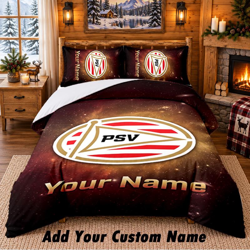 PSV Eindhoven FC Pattern Bedding 3Pcs Set Custom Name, Bed Sheet And Pillowcases For Home Bedroom