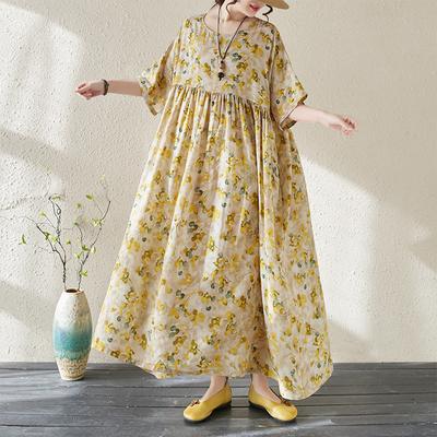 Plus Size Summer Retro Flower Print Short Sleeve Dress Large Size Women Casual Loose Maxi Holiday Floral Dresses