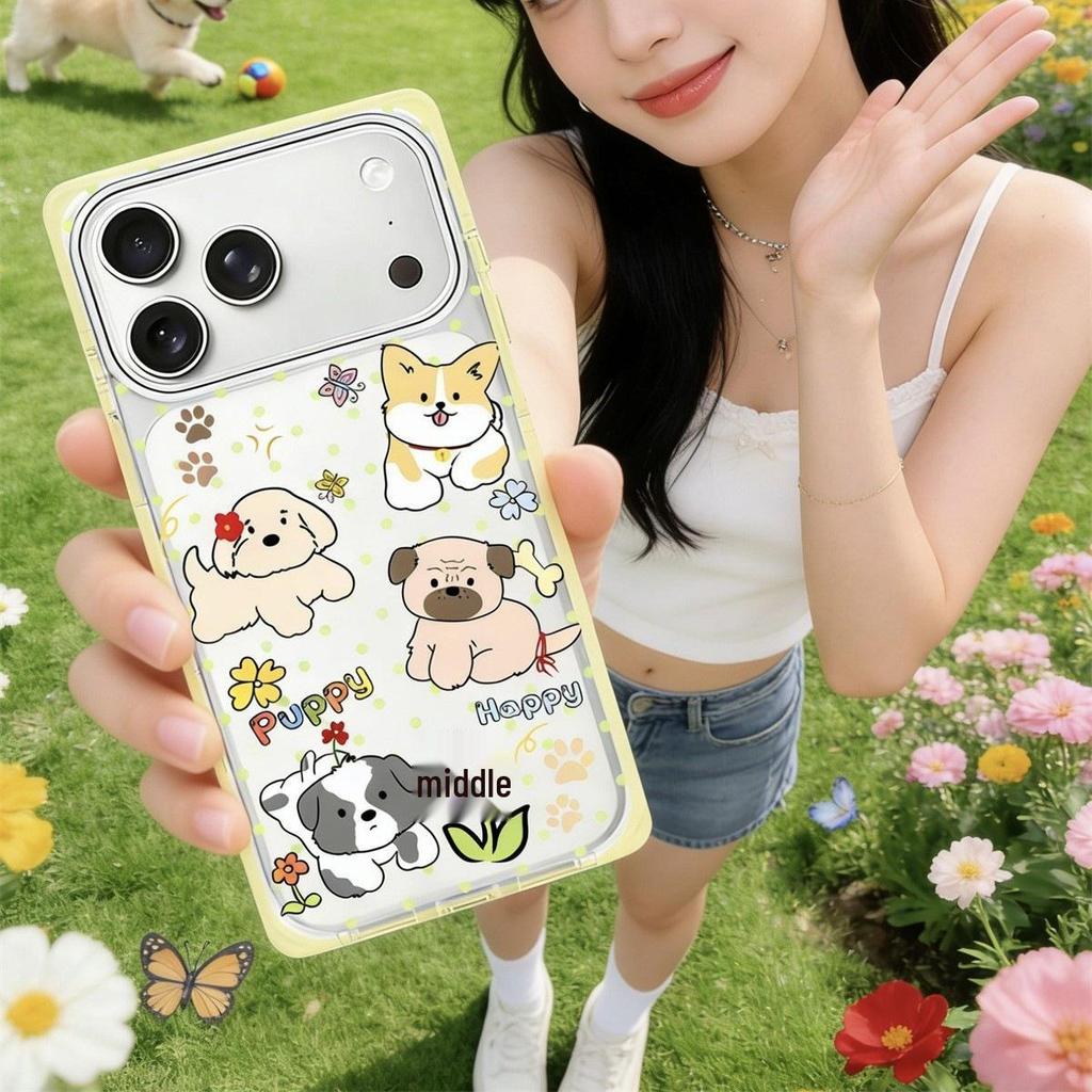 Crystal Square Cartoon Puppy iPhone 15/16/17 Pro Max Anti-Drop Phone Case