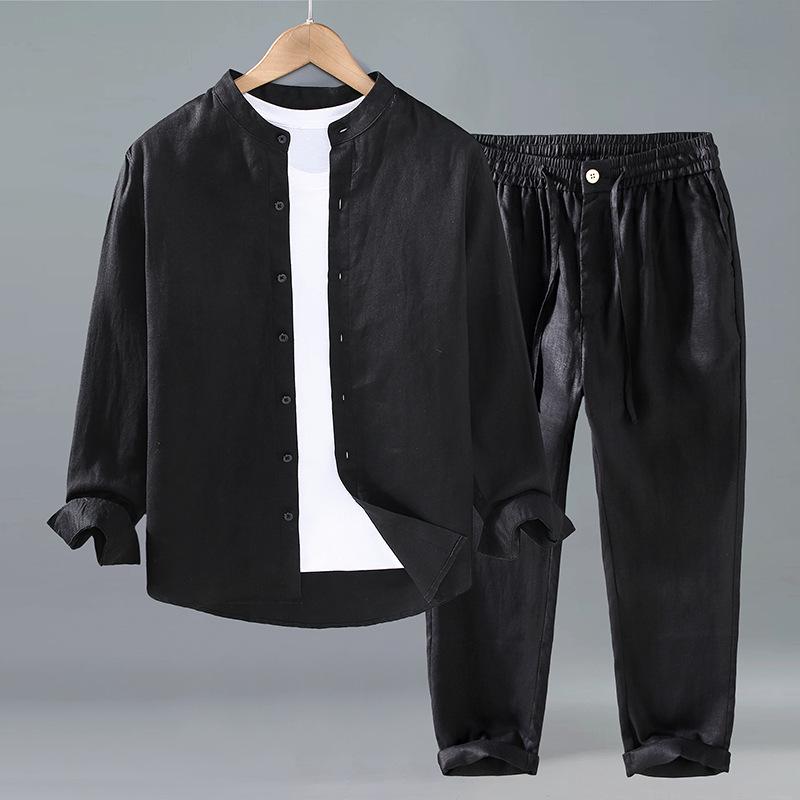 

Мужская рубашка из чистого льна с воротником-стойкой и длинными рукавами - Национальный стиль, Универсальная, Модная, Свободный крой 3XL