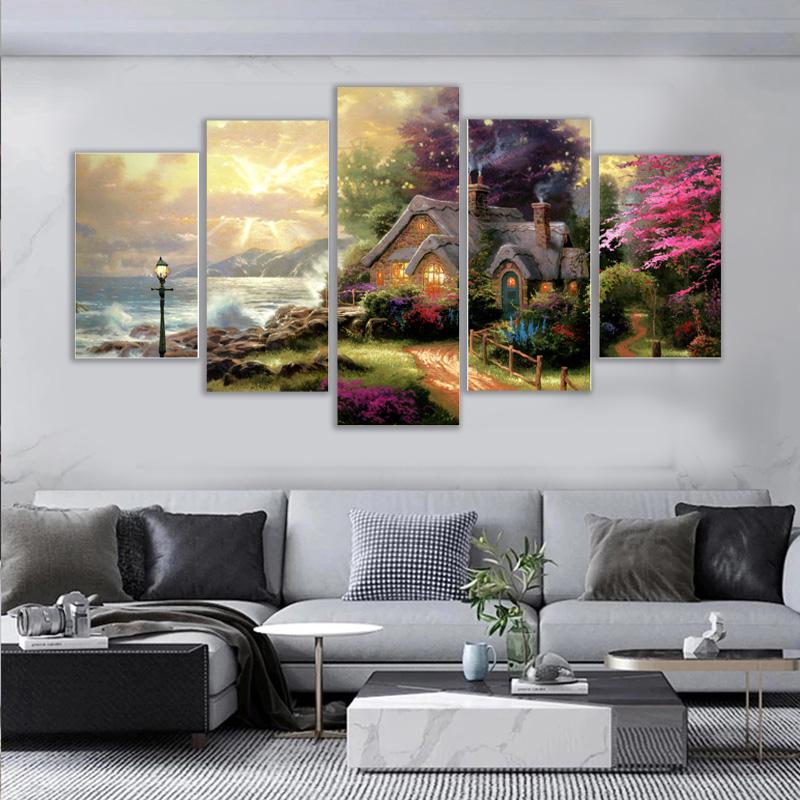 5 Panels Landscape Sea House Olejomaľba na plátne Plagáty a obrazy Nástenné umelecké obrazy Living Room Home Decor Bez rámu