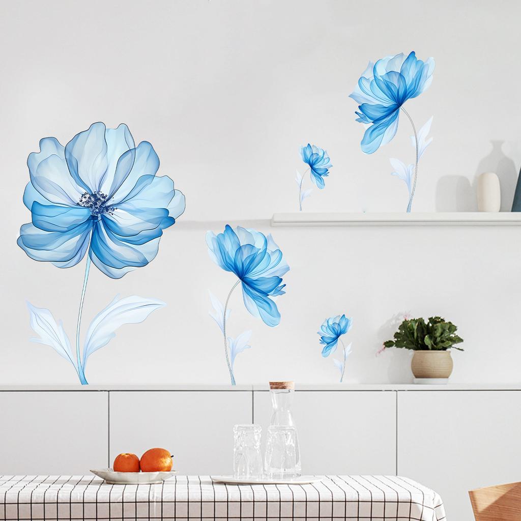 Light Blue Flower Wall Sticker for Bedroom Background Decor PVC Peel and Stick Decal