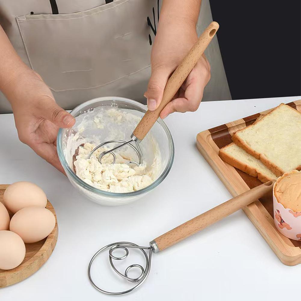 1Pc Bread Beater Wooden Handle Stainless Steel Ring Dough Whisk Egg Beater Mixer Tool Cake Pastry Biscuit Yeast Baking Mixer