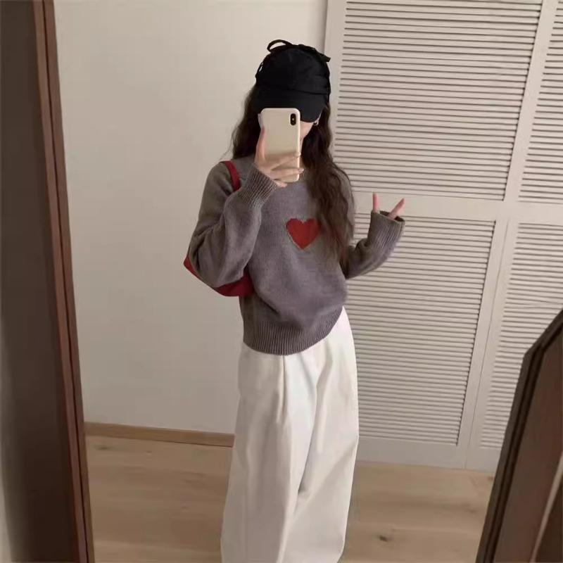 Autumn and Winter New Products Round Neck Shoulder Sleeves Knitted Sweater Women's Korean Cute Little Fresh Love Jacquard Top Women's