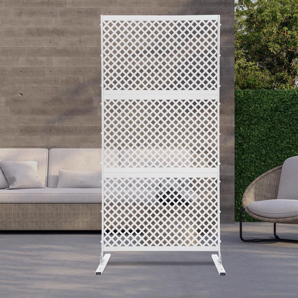 Elegant White Steel Privacy Screen with Diamond Pattern, Freestanding Room Divider - 3 Panels, Laser-Cut Design, 74.8in Height