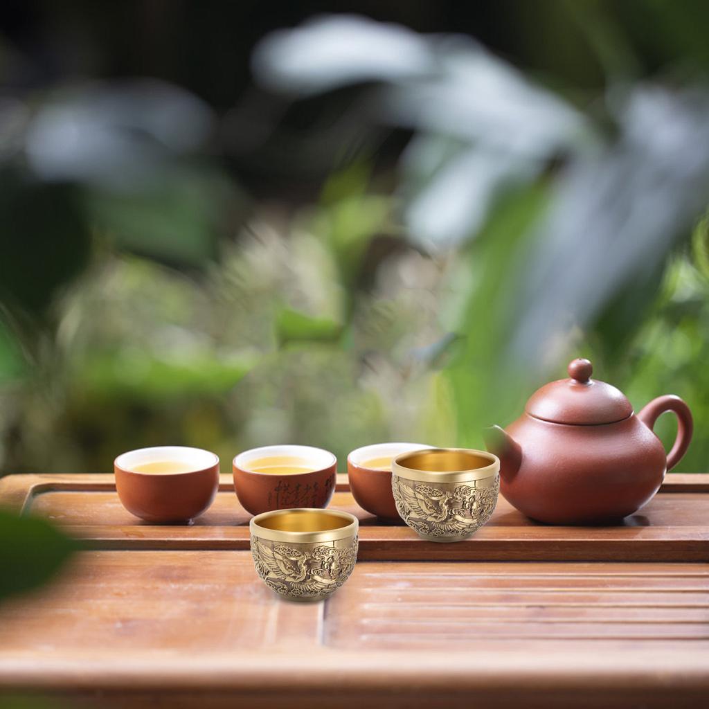 2pcs Dragon Chinese Style Copper Vintage Tea Cup Retro Embossed Design Sturdy For Home Decor Teaware Kitchen