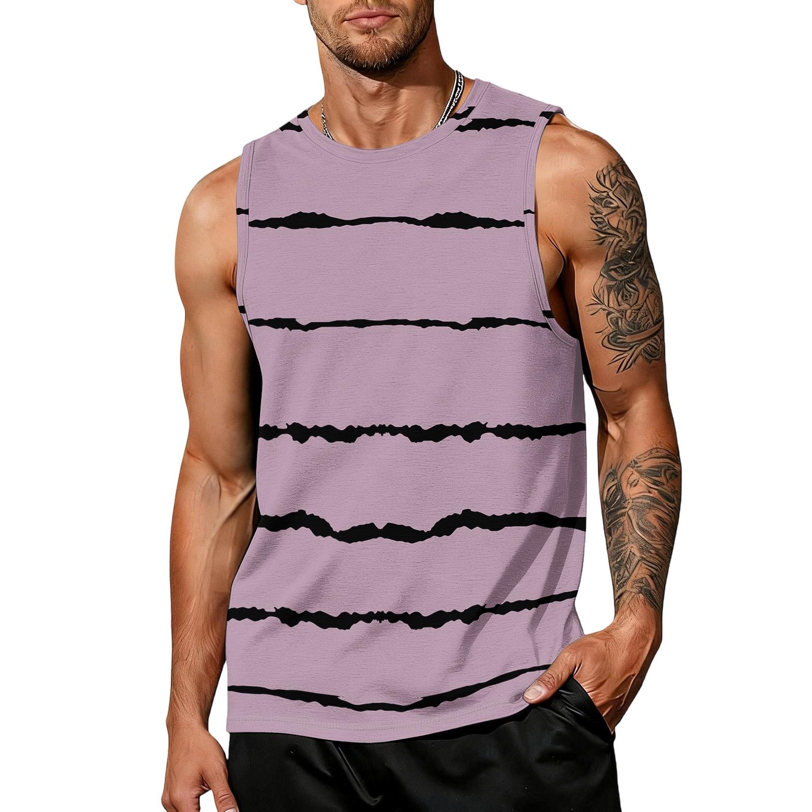 

Men Sleeveless Crew Neck Tank Top with Horizontal Stripe Print Relaxed Fit Casual Pullover Shirt for Everyday Wear S