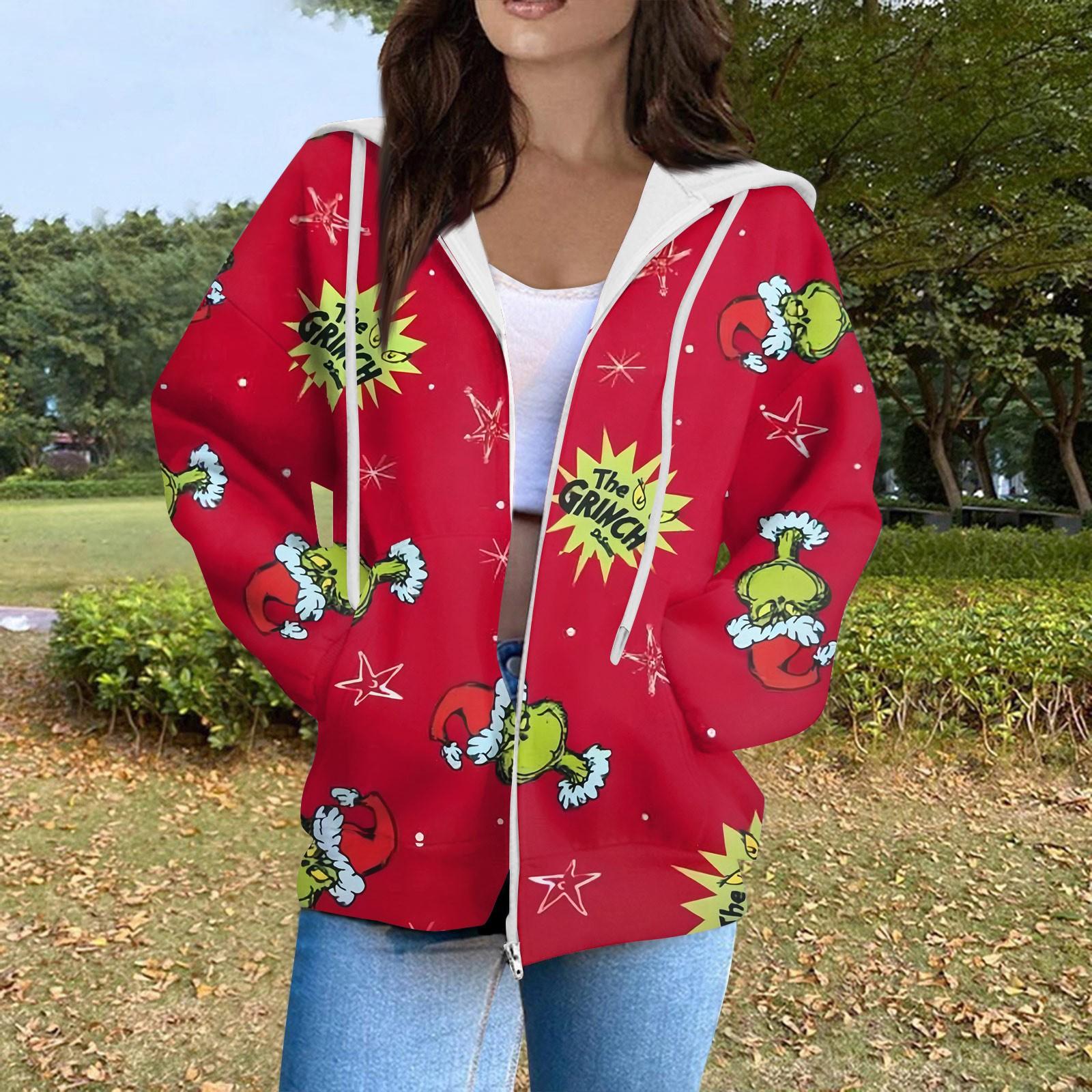 

Жіноча модна повсякденна різдвяна толстовка з довгим рукавом і кишенею, пальто з капюшоном на блискавці XL червоний