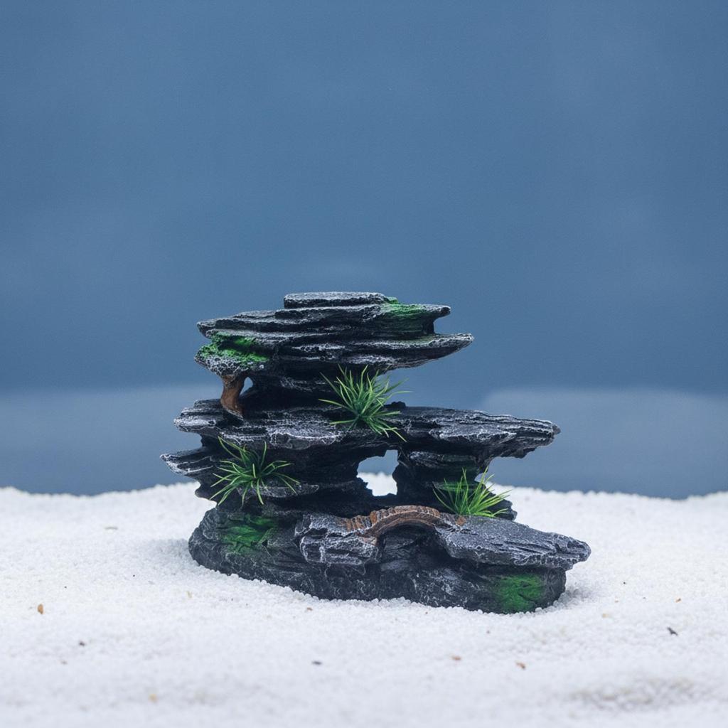 Resin Rock Aquarium Ornament Layered Cave Hideout with Artificial Plants