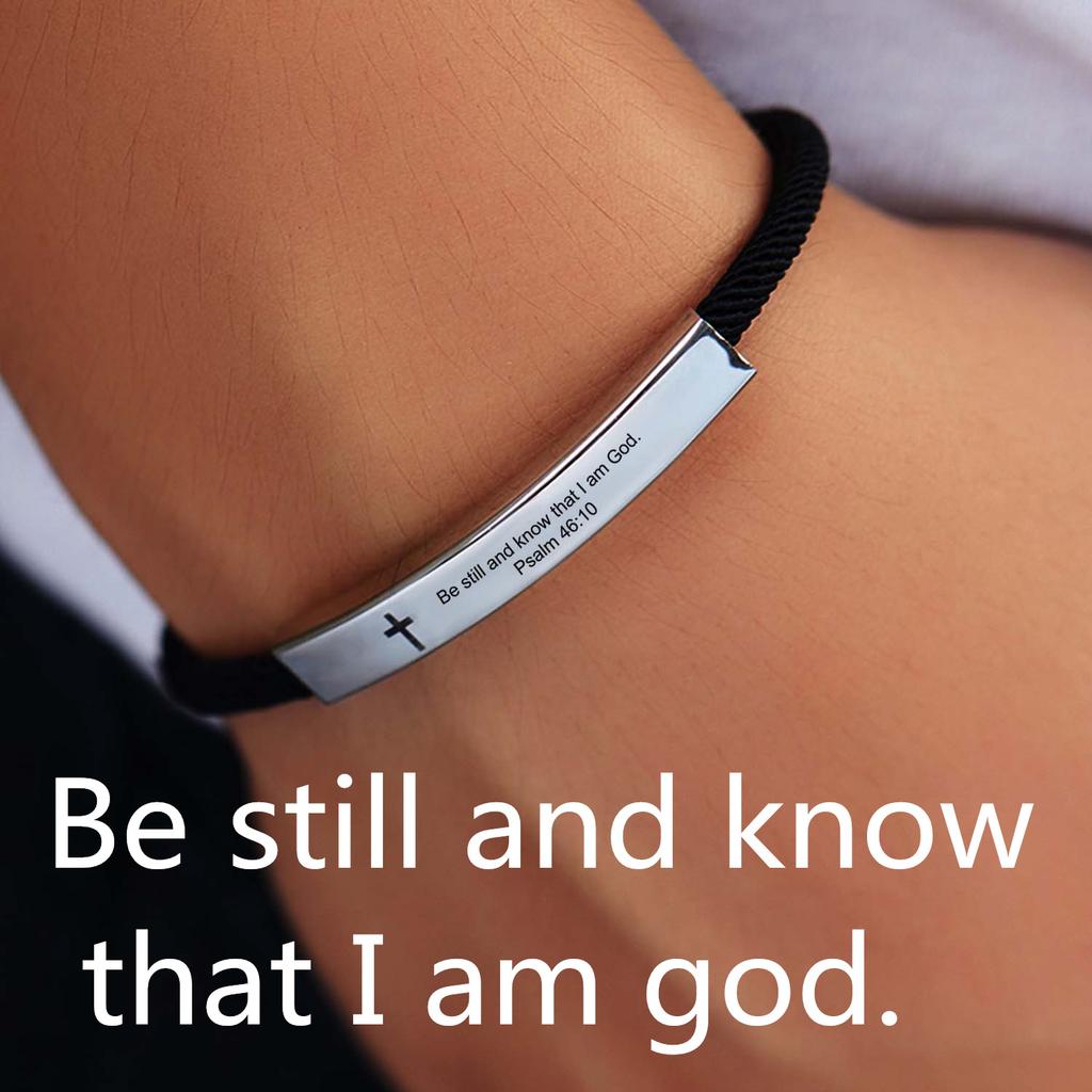 Cross Jesus Scripture Quote Bracelet Christian Bible Verse Engraved Letters Stainless Steel Bracelets Braided Rope Wristband