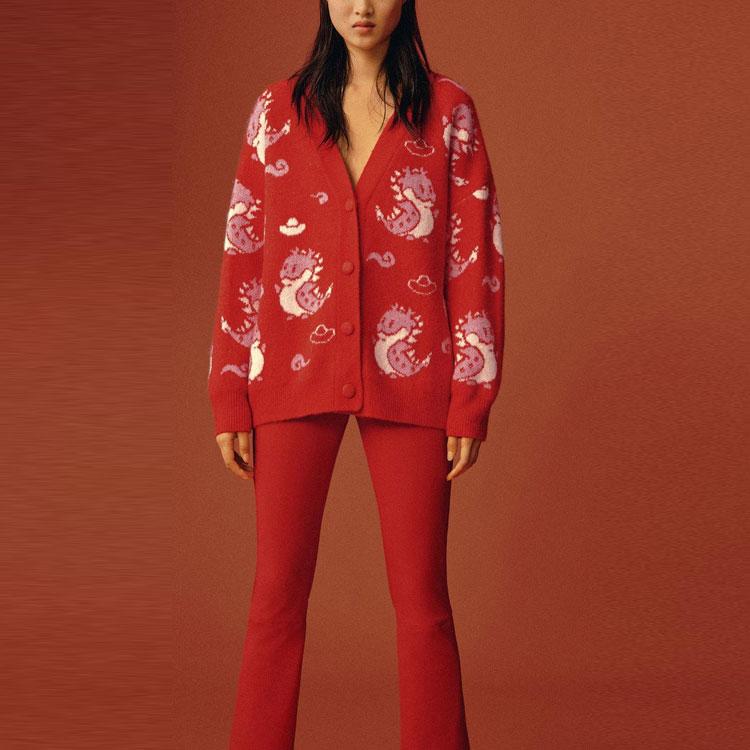 Zara Ss24 Year Of The Dragon Limited Edition Cartoon Print V-Neck Single-Breasted Cardigan Long Sleeve Knitwear Women Tops Red 09598008600-36