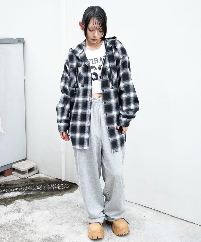 WEGO Check Hooded Flannel Long Oversized Street Size Black Women's Shirt, Sleeve, Top, Autumn/Winter Clothes, Silhouette, Style, Girly, F,