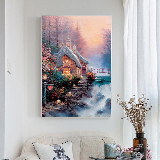 Cuadros Decoracion Salon Pittura a olio astratta su tela Fiori rosa Tugurio Cascata Paesaggio Immagini a parete per soggiorno